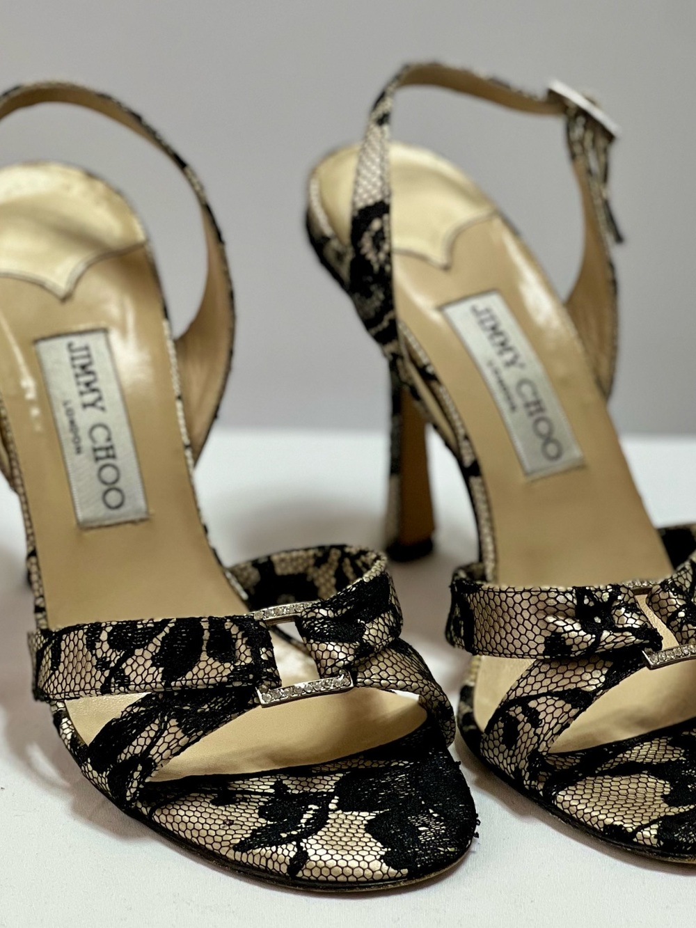 Jimmy Choo Black Lace Overlay Nude Strappy Heels